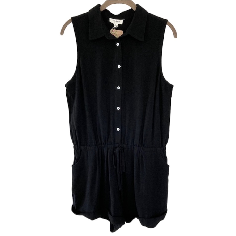 Umgee Black Linen Blend Button Down Romper Size M NWT